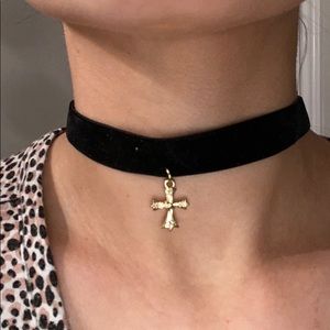 TOPSHOP Black Velvet w/ Gold Cross Choker Necklace